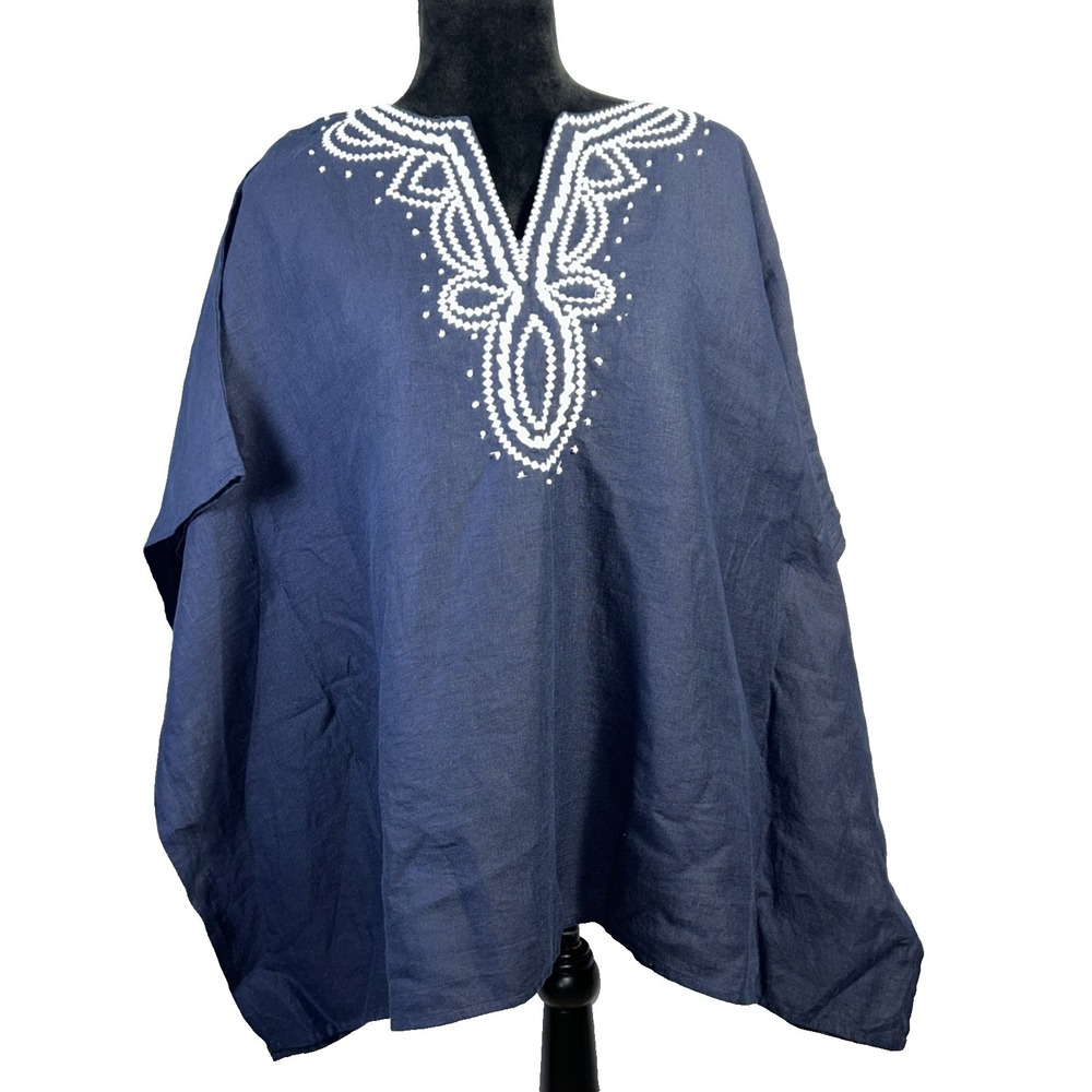 Talbots Top MED Navy‎ Blue 100% Linen White Embroider Boxy Oversize Pullover